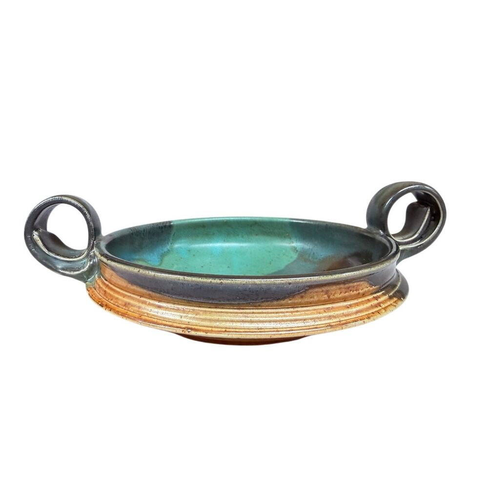 Studio Pottery Double Handle Bowl Turquoise Brown Art Pottery Dish Signed 9.5"